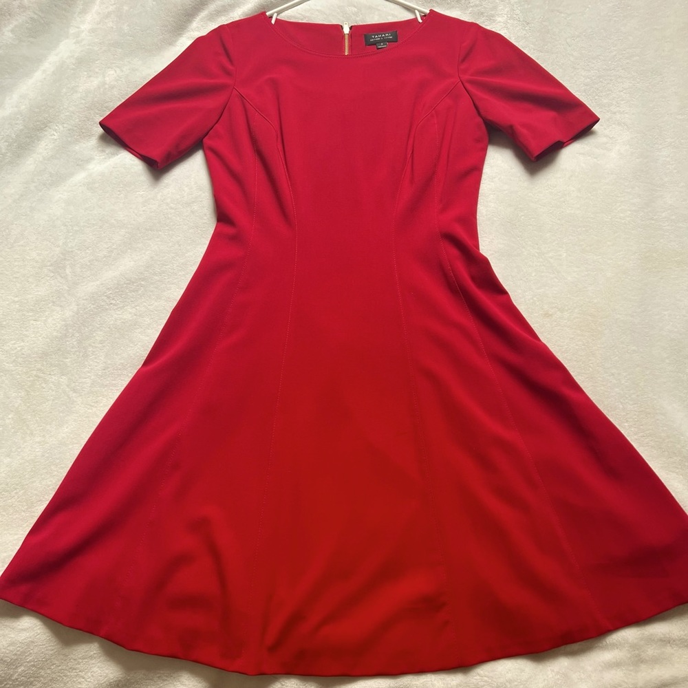Red, knee length, shirt sleeve dress